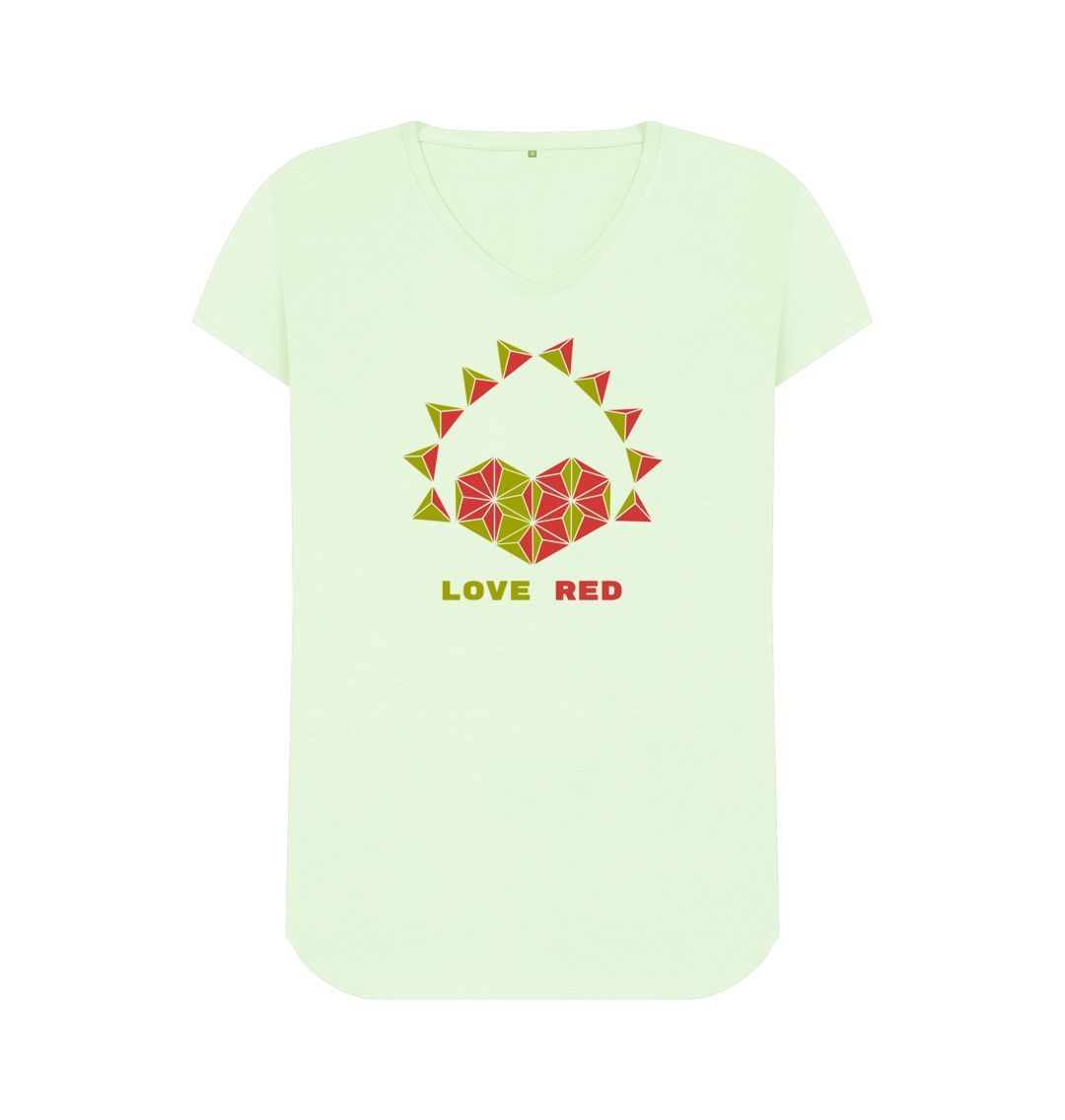 Pastel Green Love Red - Women's V-Neck T-shirt